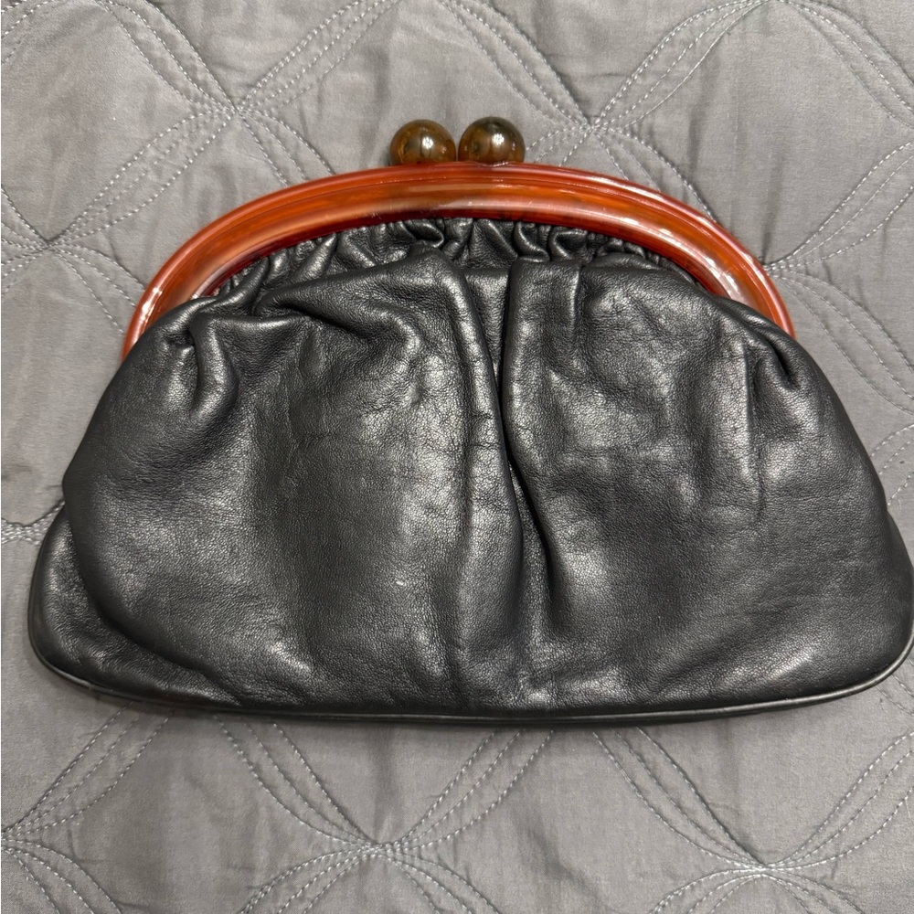 Elegant Black Leather Clutch with Brown Lucite (?) Accents